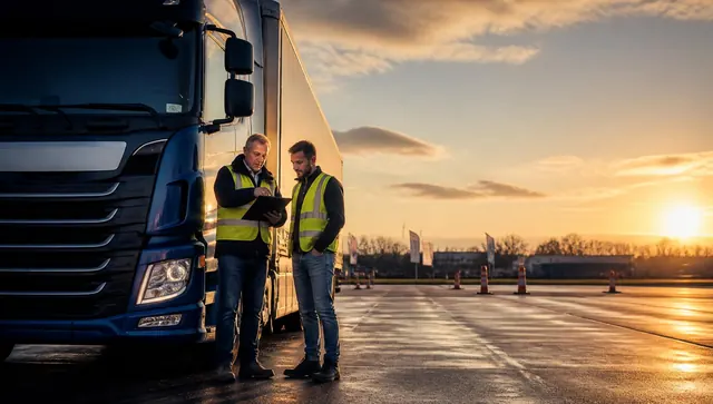 Code 95 instructeur en cursist bij vrachtwagen op ProCode95 trainingslocatie in Utrecht